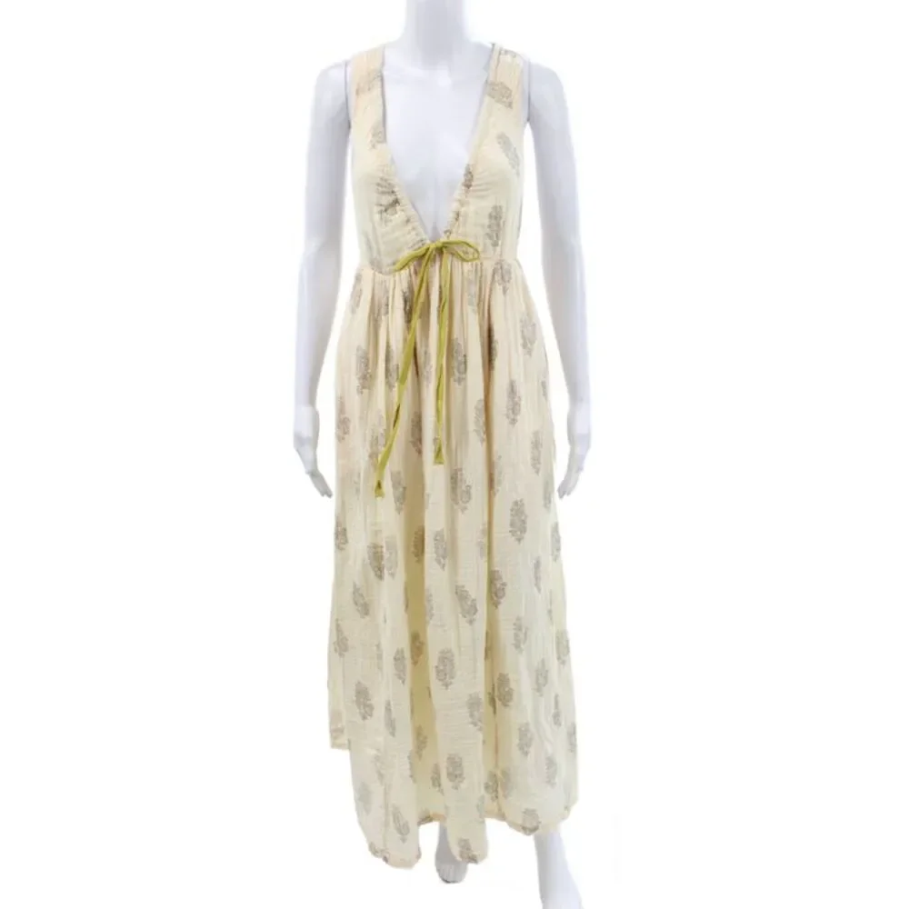 Free People Womens Maxi Floral V-Neck Sleeveless Boho Cotton Dress Ivory Size XS